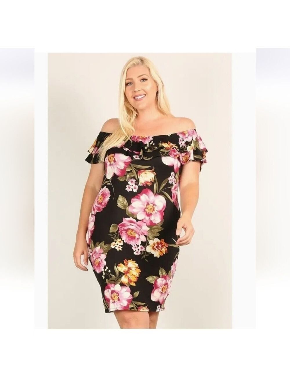 Off Shoulder Floral Bodycon Dress – Plus Size | NEW